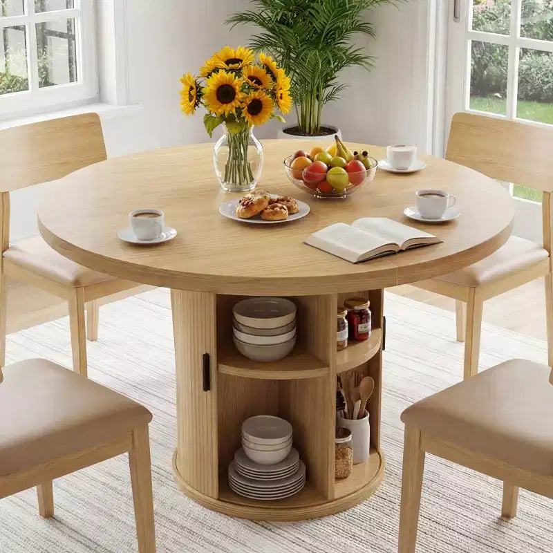 Table à manger ronde à pied central de 35,5 po avec étagère de rangement, base en bois, pour petit espace