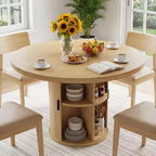 Table à manger ronde à pied central de 35,5 po avec étagère de rangement, base en bois, pour petit espace