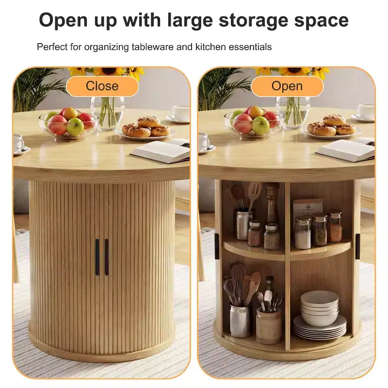 Table à manger ronde à pied central de 35,5 po avec étagère de rangement, base en bois, pour petit espace