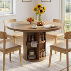 Table à manger ronde à pied central de 35,5 po avec étagère de rangement, base en bois, pour petit espace