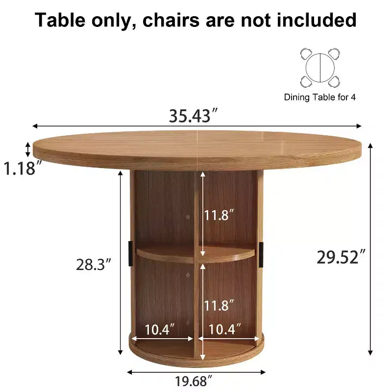Table à manger ronde à pied central de 35,5 po avec étagère de rangement, base en bois, pour petit espace