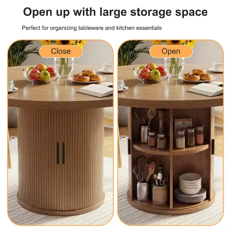 Table à manger ronde à pied central de 35,5 po avec étagère de rangement, base en bois, pour petit espace