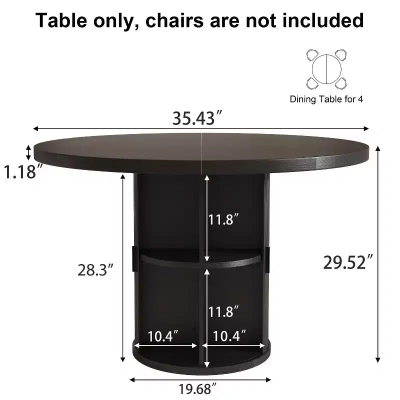 Table à manger ronde à pied central de 35,5 po avec étagère de rangement, base en bois, pour petit espace