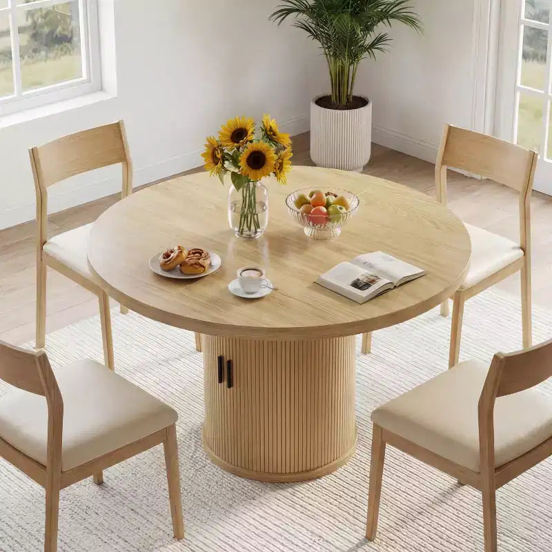 Table à manger ronde à pied central de 35,5 po avec étagère de rangement, base en bois, pour petit espace