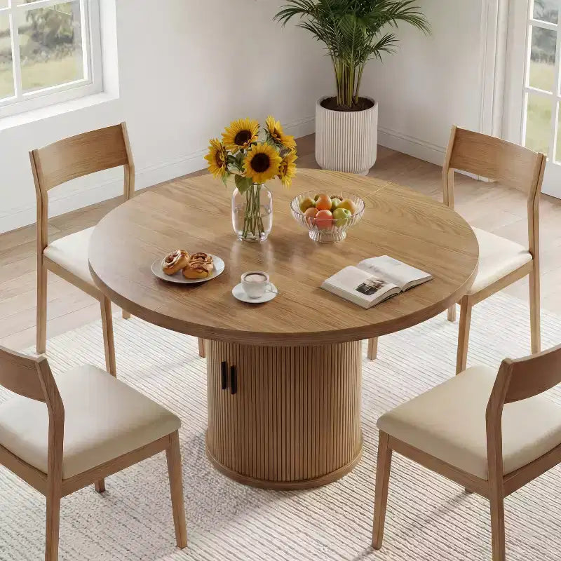 Table à manger ronde à pied central de 35,5 po avec étagère de rangement, base en bois, pour petit espace