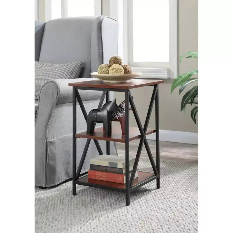 Table d'appoint rectangulaire en métal à 3 niveaux, noire, avec cadre croisé