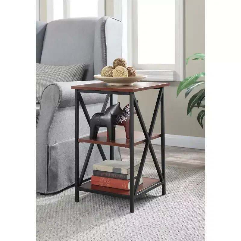 Table d'appoint rectangulaire en métal à 3 niveaux, noire, avec cadre croisé