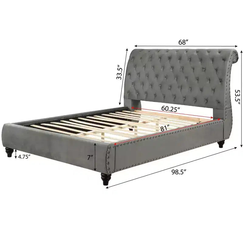 Lit traîneau capitonné en velours contemporain Queen Size