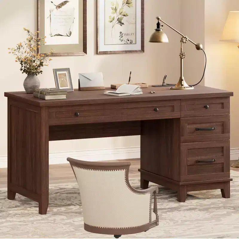 Bureau double en bois rustique avec 4 tiroirs classeurs, table d'écriture pour 2 personnes pour bureau à domicile