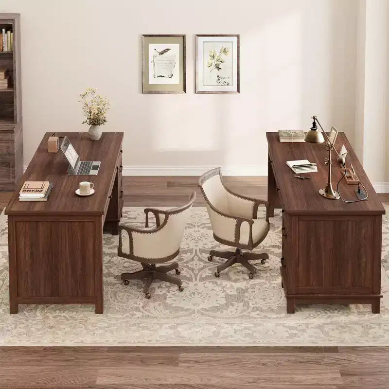 Bureau double en bois rustique avec 4 tiroirs classeurs, table d'écriture pour 2 personnes pour bureau à domicile