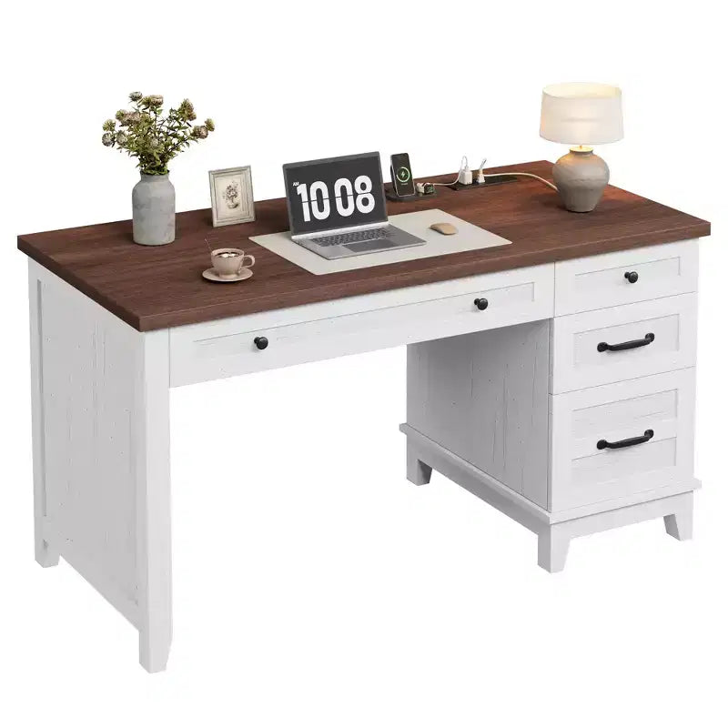 Bureau double en bois rustique avec 4 tiroirs classeurs, table d'écriture pour 2 personnes pour bureau à domicile