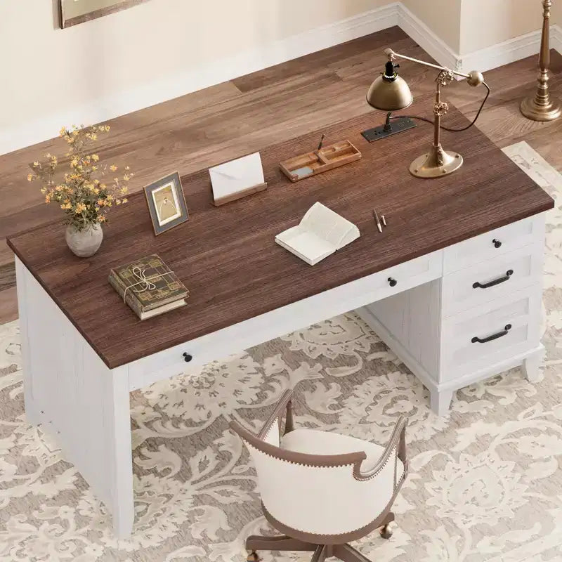 Bureau double en bois rustique avec 4 tiroirs classeurs, table d'écriture pour 2 personnes pour bureau à domicile