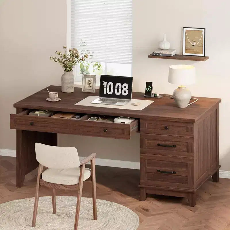 Bureau double en bois rustique avec 4 tiroirs classeurs, table d'écriture pour 2 personnes pour bureau à domicile