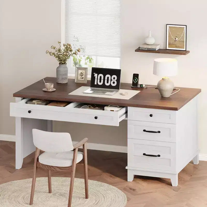 Bureau double en bois rustique avec 4 tiroirs classeurs, table d'écriture pour 2 personnes pour bureau à domicile