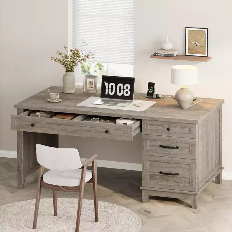 Bureau double en bois rustique avec 4 tiroirs classeurs, table d'écriture pour 2 personnes pour bureau à domicile