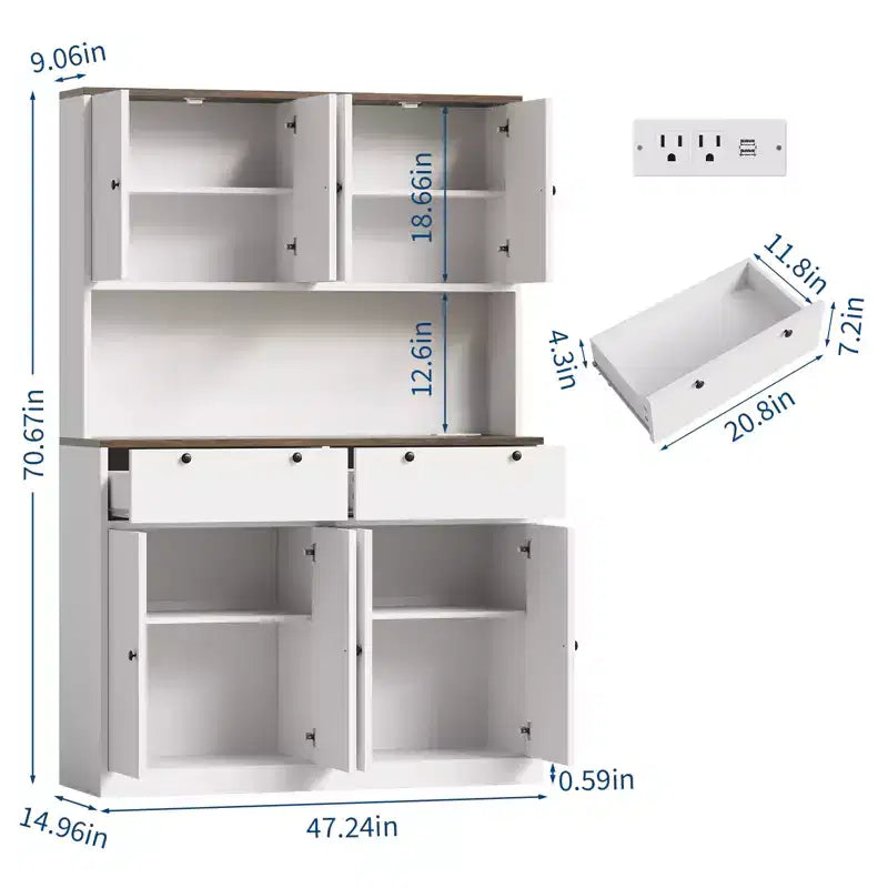 Meuble de rangement haut de cuisine de 180 cm avec station de charge, vaisselier de cuisine de 120 cm de large avec support pour micro-ondes, meuble de rangement pour garde-manger pour salle à manger