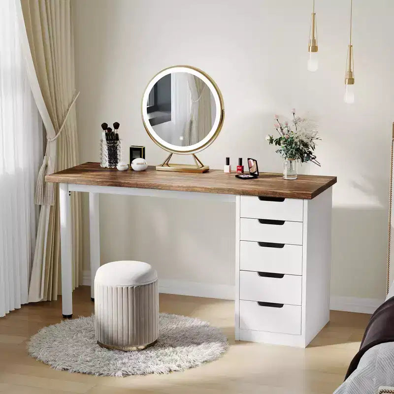 Bureau d'ordinateur de 119,4 cm avec 5 tiroirs, bureau d'ordinateur en bois avec rangement, table d'écriture moderne pour petits espaces, bureau à domicile, chambre à coucher