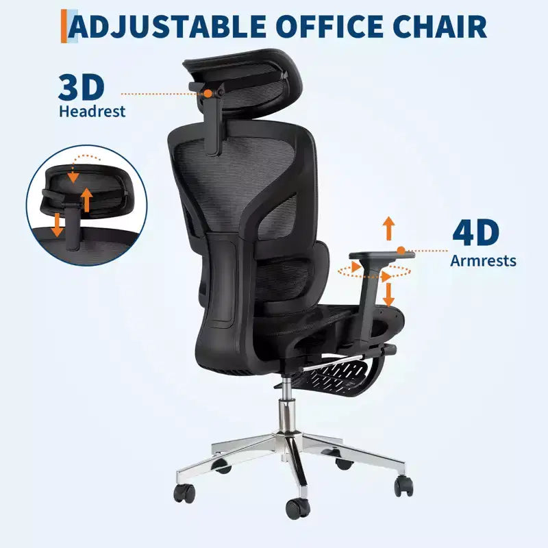 Chaise de bureau ergonomique en maille 3e génération - Accoudoirs réglables 4D, soutien lombaire et repose-pieds, chaise de bureau à dossier haut pour le bureau à domicile (1 paquet)