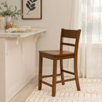 Tabouret de bar hauteur comptoir, bois d'hévéa noyer, dossier à lattes, hauteur d'assise 61 cm