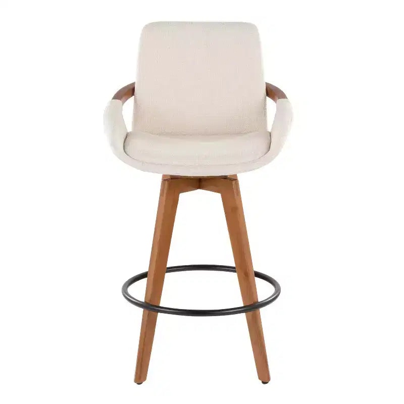Tabouret de comptoir à hauteur fixe, cadre en bambou noyer, revêtement en tissu crème