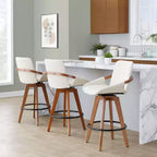 Tabouret de comptoir à hauteur fixe, cadre en bambou noyer, revêtement en tissu crème