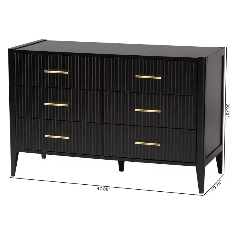 Commode 6 tiroirs cannelée en bois, noire, style Mid-Century