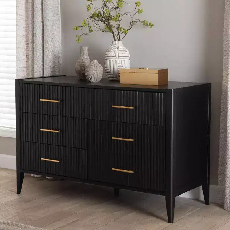 Commode 6 tiroirs cannelée en bois, noire, style Mid-Century