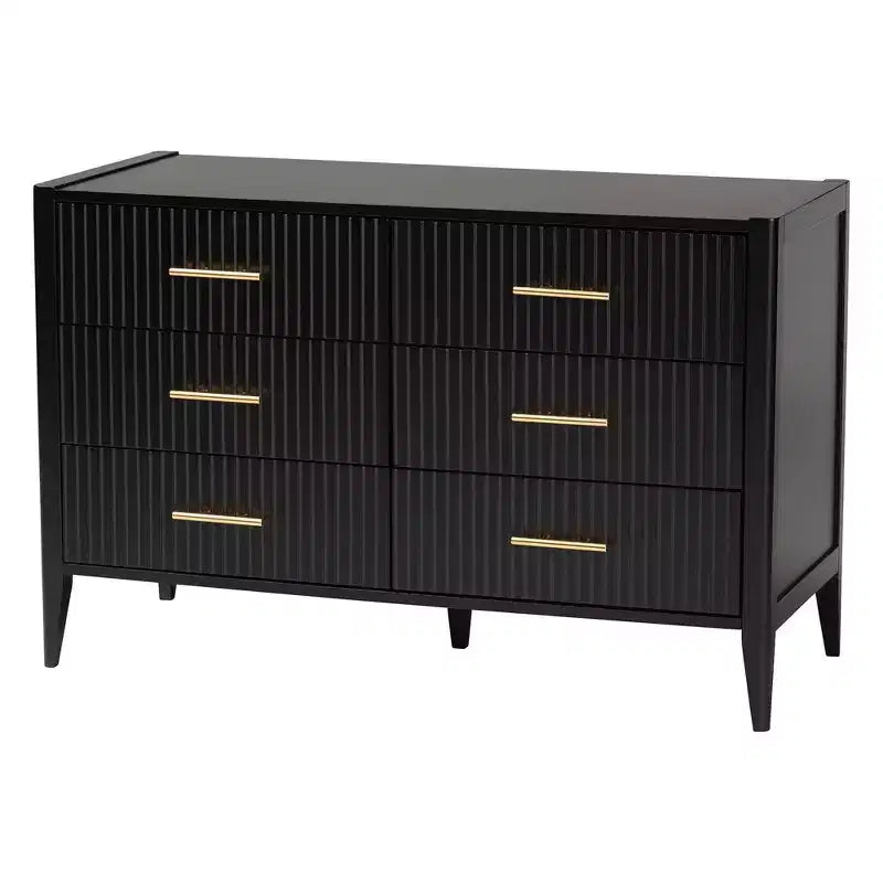 Commode 6 tiroirs cannelée en bois, noire, style Mid-Century