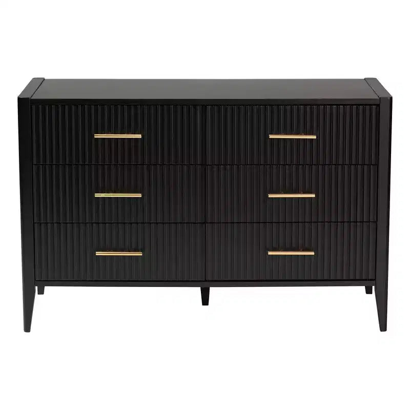 Commode 6 tiroirs cannelée en bois, noire, style Mid-Century