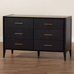 Commode 6 tiroirs cannelée en bois, noire, style Mid-Century