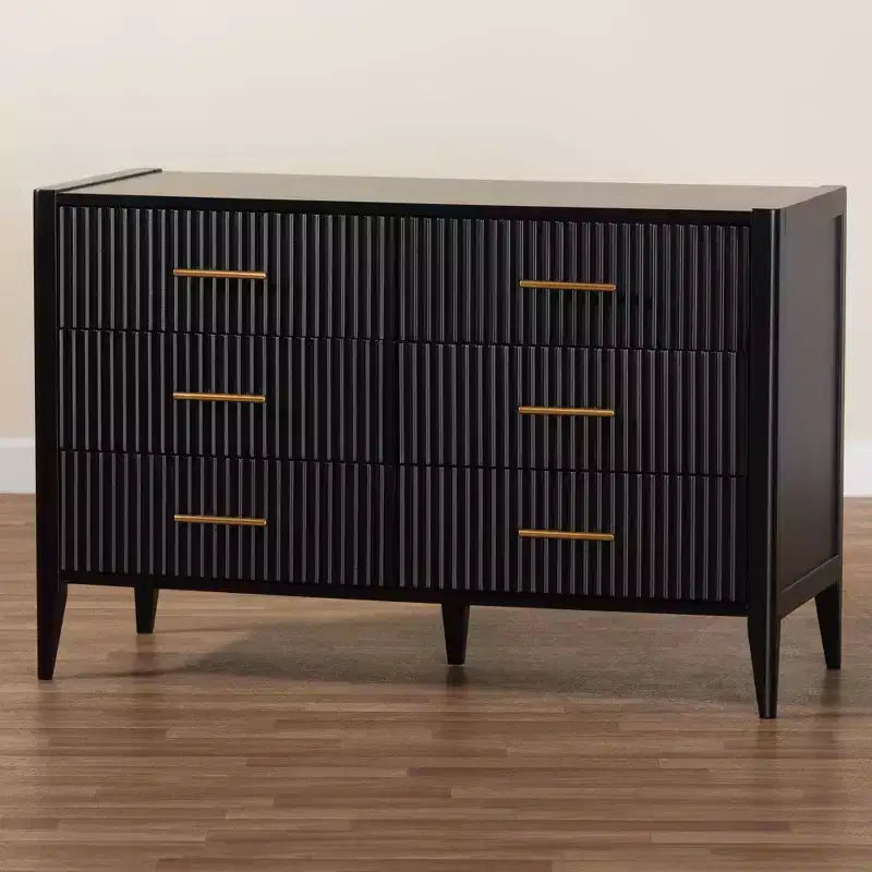 Commode 6 tiroirs cannelée en bois, noire, style Mid-Century