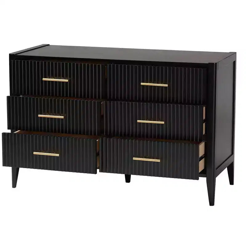 Commode 6 tiroirs cannelée en bois, noire, style Mid-Century
