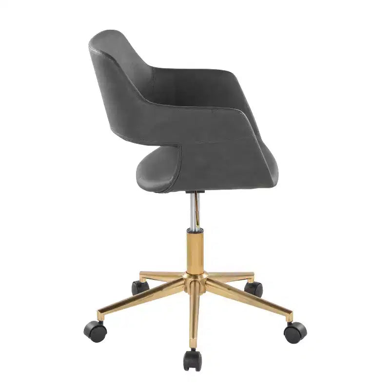 Chaise de bureau contemporaine, piètement en métal doré, revêtement en PU gris, hauteur réglable