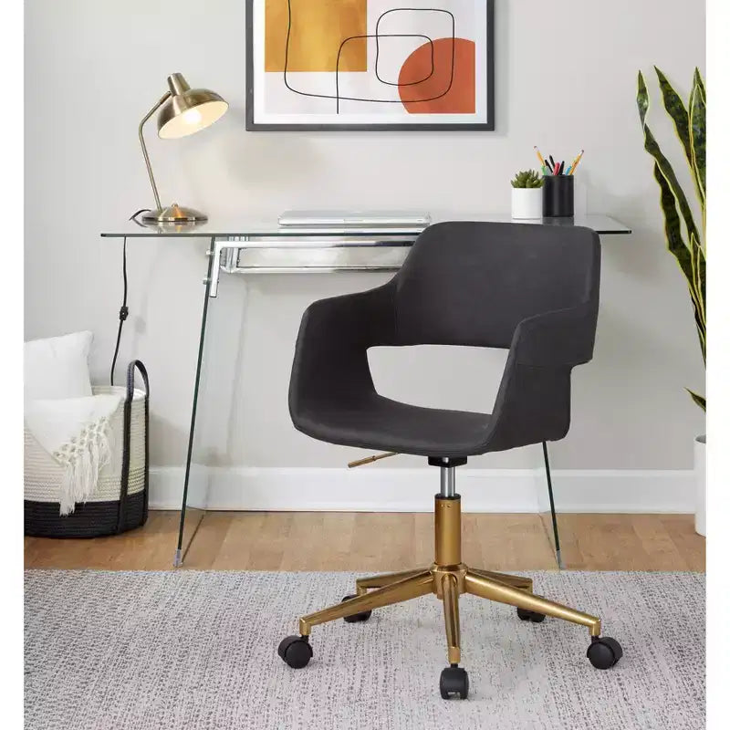 Chaise de bureau contemporaine, piètement en métal doré, revêtement en PU gris, hauteur réglable