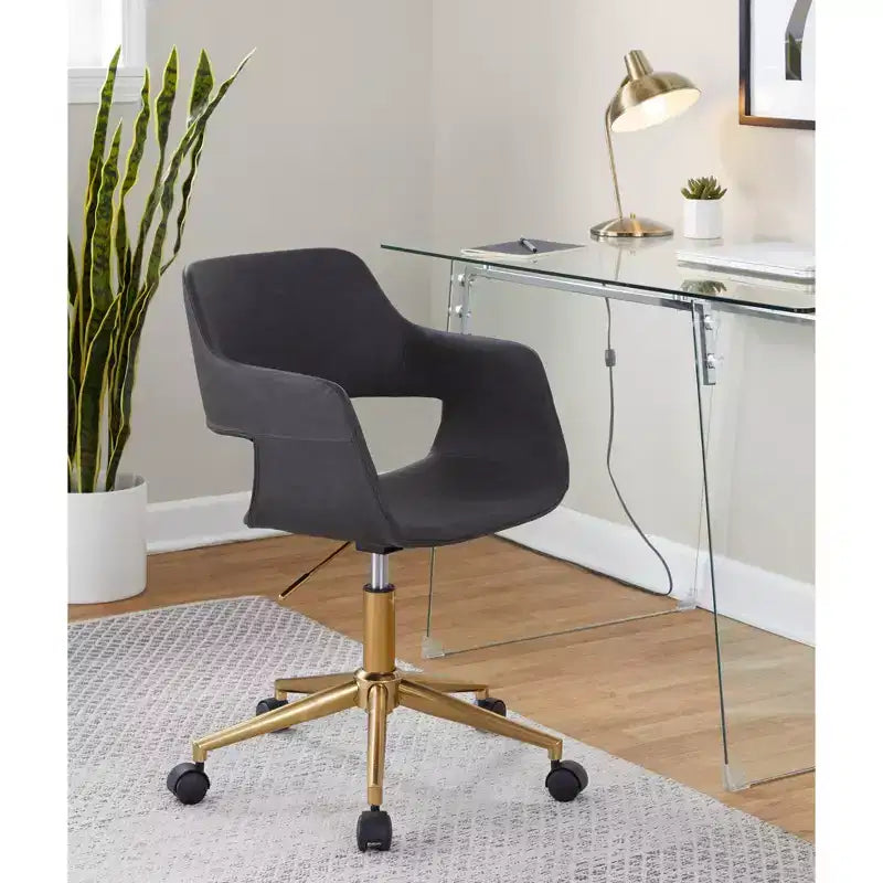 Chaise de bureau contemporaine, piètement en métal doré, revêtement en PU gris, hauteur réglable