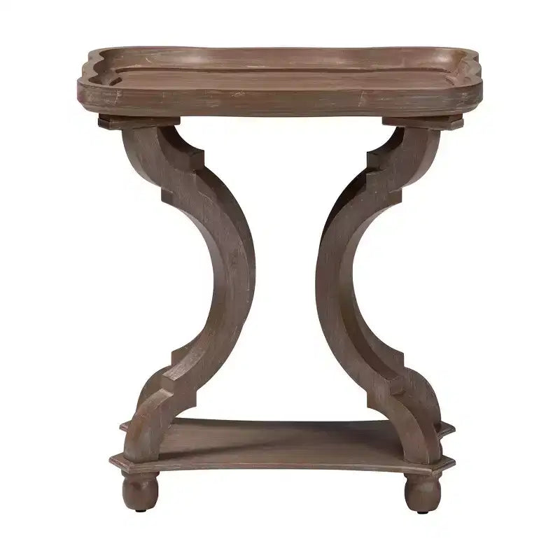 Bout de canapé en bois de style campagnard français, marron antique, plateau avec étagère inférieure
