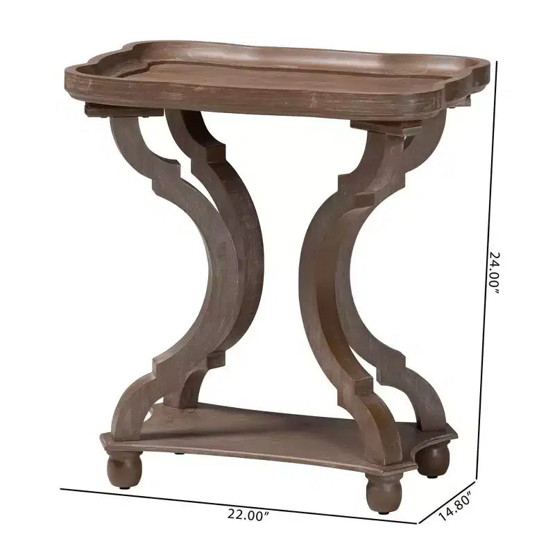 Bout de canapé en bois de style campagnard français, marron antique, plateau avec étagère inférieure