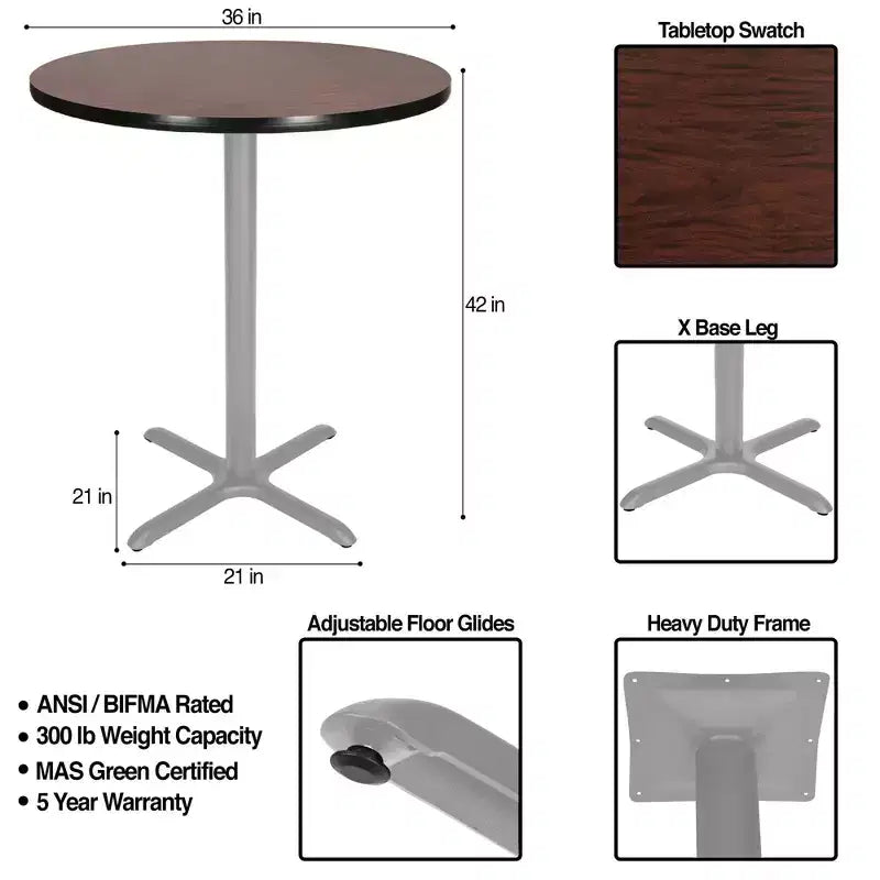 Table de bar ronde 42" avec piètement en X, plateau en stratifié gris